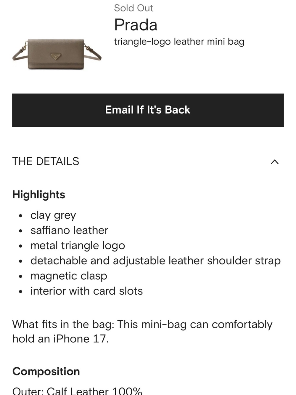 Prada Clay Grey Saffiano Leather Mini Bag with Gold Logo - Picture 4 of 10